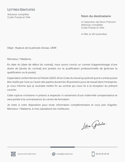 Une lettre de rupture d'un contrat d'apprentissage