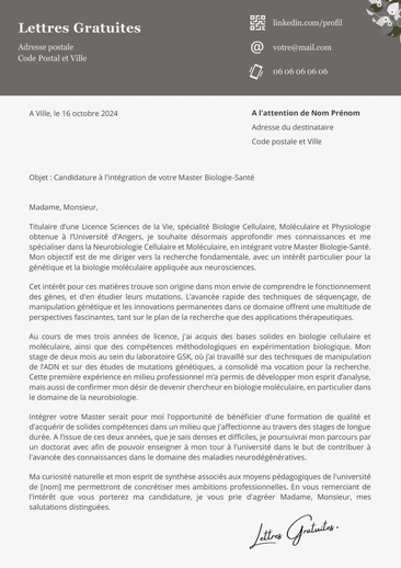 Une lettre de motivation pour un Master Biologie - Santé