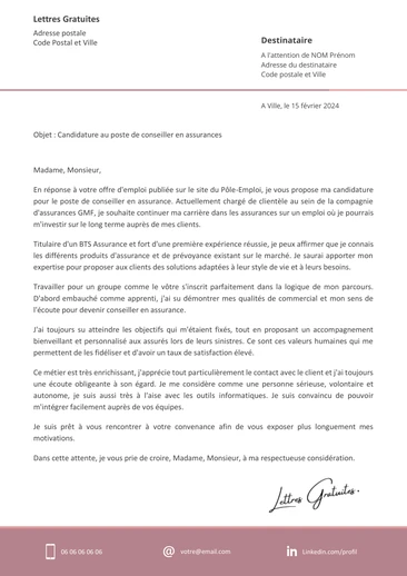 Une lettre de motivation d'un conseiller en assurance