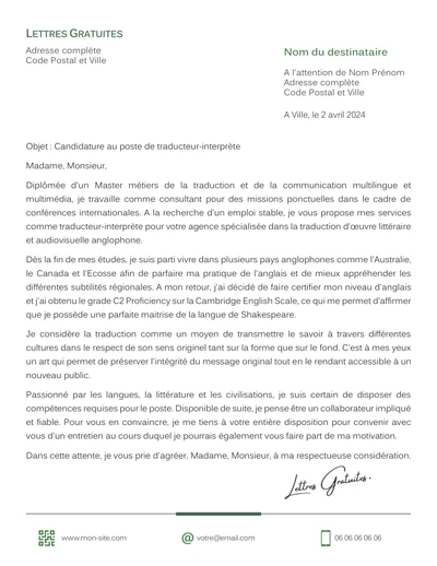 Une lettre de motivation d'un traducteur interprète