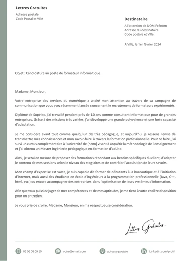 Une lettre de motivation d'un formateur informatique