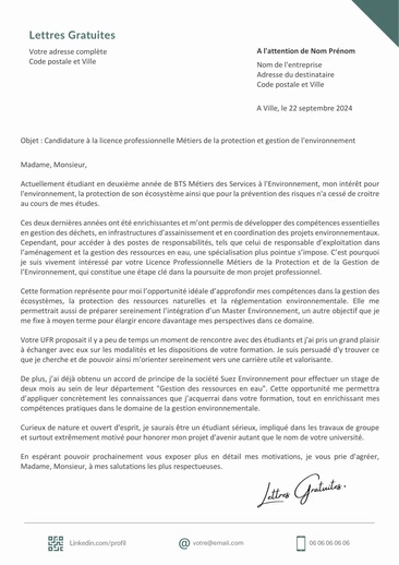 Une lettre de motivation pour la Licence Pro Protection et Gestion de l'Environn
