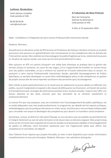 Une lettre de motivation pour la Licence Pro Intervention Sociale