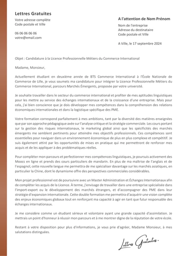 Une lettre de motivation pour la Licence Pro Commerce International