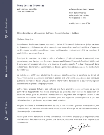 Une lettre de motivation pour un Master Economie Sociale et Solidaire