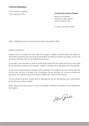 Une lettre de résiliation d'une assurance auto