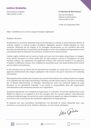 Une lettre de motivation pour la Licence LEA