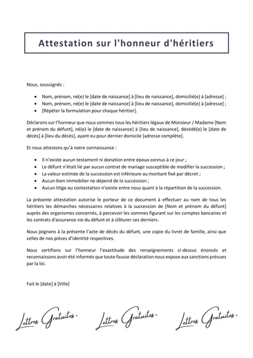 Une attestation sur l'honneur de sa qualité d'héritier