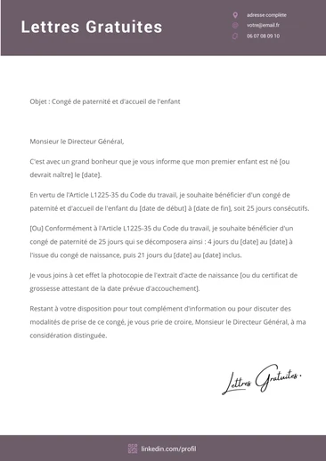 Une lettre pour prendre un congé de paternité de 28 jours
