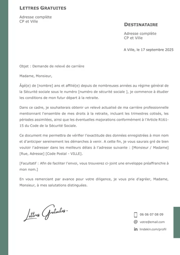 Une lettre de demande de relevé de carrière