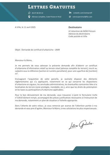 Une lettre de demande de certificat d'urbanisme