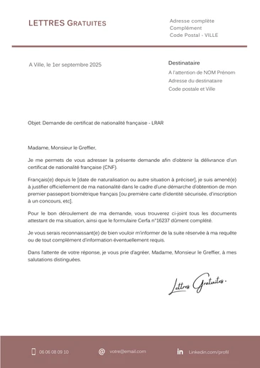 Une lettre de demande de certificat de nationalité française