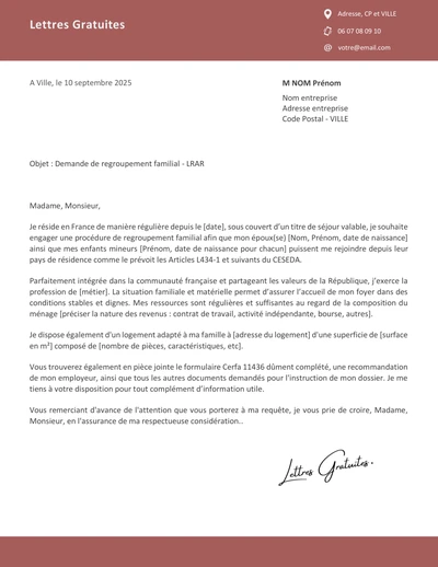 Une lettre de demande de regroupement familial