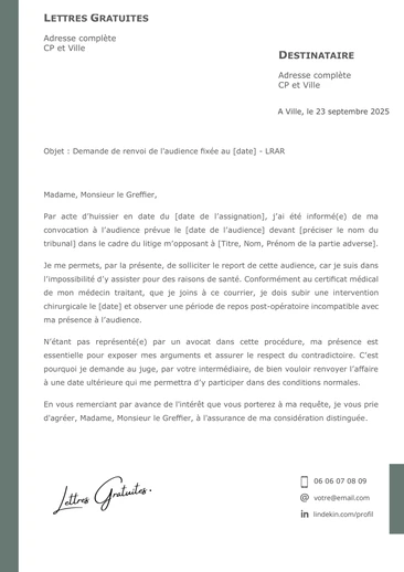 Une lettre type de report d'une audience au tribunal
