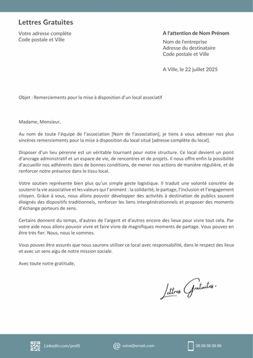 Une lettre de remerciement après un prêt de local ou de maté
