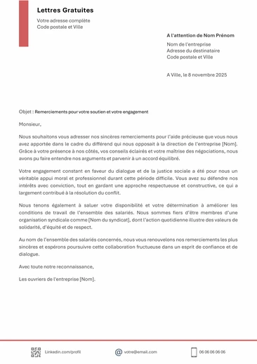 Une lettre de remerciement à un délégué du personnel