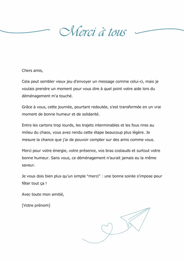 Un message de remerciement pour l'aide lors d'un déménagement