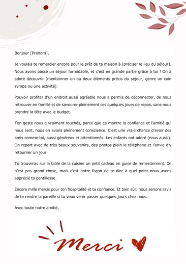 Une lettre de remerciement apr&egrave;s un s&eacute;jour de vacances