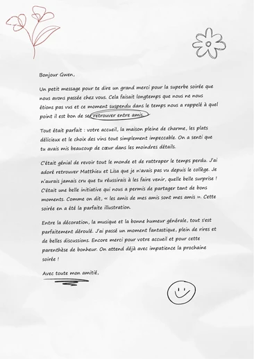 Un mail de remerciement après une soirée entre amis