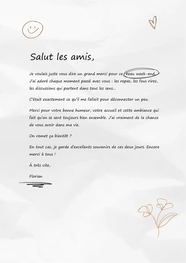 Une lettre de remerciement après un week-end entre amis