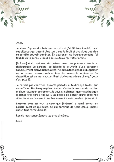 Une lettre de condol&eacute;ances &agrave; la famille (cousin, tante, oncle)