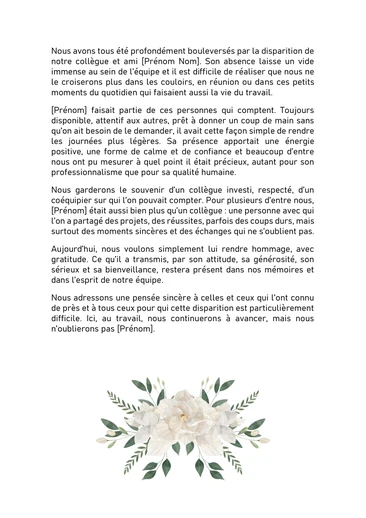Un texte en hommage à un collègue de travail décédé