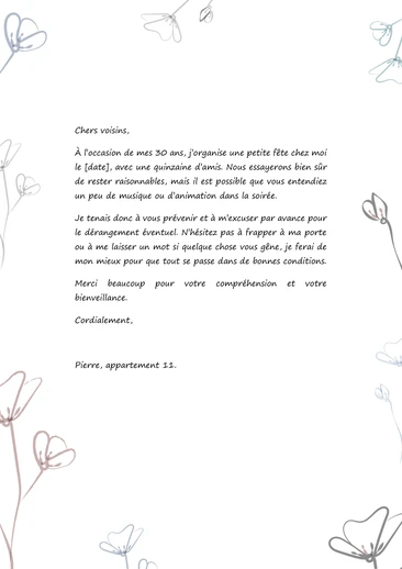 Une lettre pour prévenir ses voisins de l'organisation d'une fête