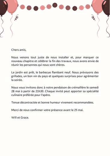 Un texte d'invitation à une pendaison de crémaillère