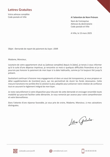 Une lettre de demande de report du paiement d'un loyer