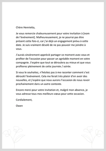 Une lettre d'excuse pour son absence après une invitation