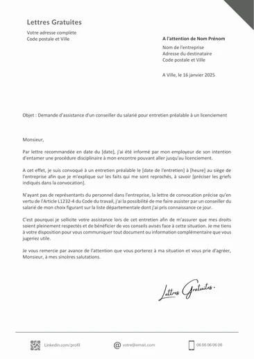 Une lettre pour se faire assister par un conseiller du salarié