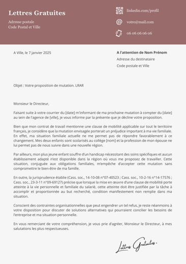 Une lettre de refus d'une mutation professionnelle