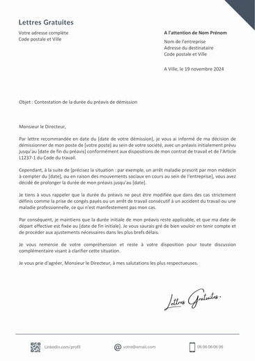 Une lettre pour contester la durée d'un préavis de démissio