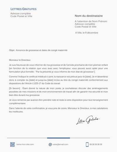 Exemple de lettre de déclaration de grossesse à l'employeur