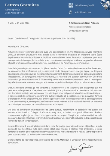 Une lettre de motivation pour une école d'art