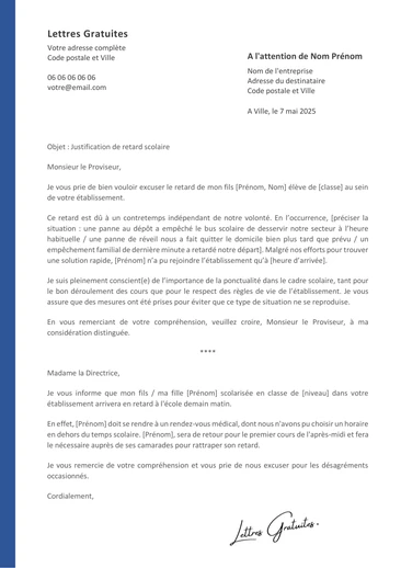 Une lettre d'excuse pour le retard d'un élève à l'éc