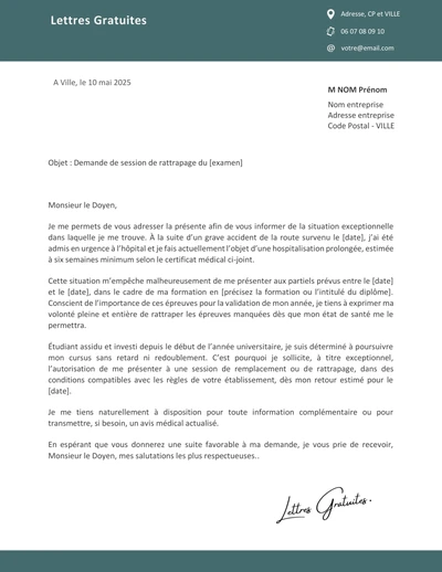 Une lettre de demande de rattrapage d'un examen