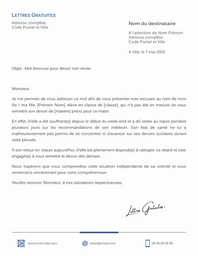 Une lettre d'excuse des parents pour les devoirs non faits de l'enfant