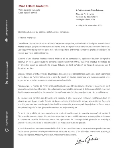 Une lettre de motivation d'un collaborateur d'expertise comptable