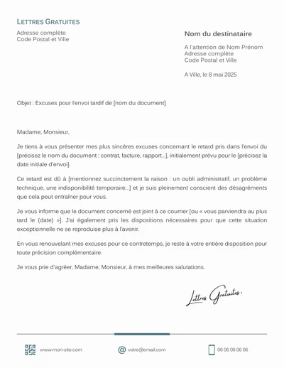 Une lettre d'excuse pour un envoi tardif de document administratif ou profession