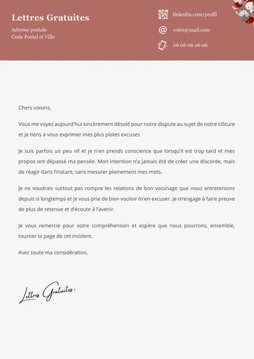 Une lettre pour présenter ses excuses à un voisin