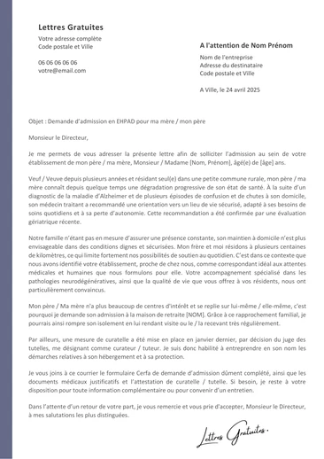 Une lettre de demande d'admission d'un parent en Ehpad