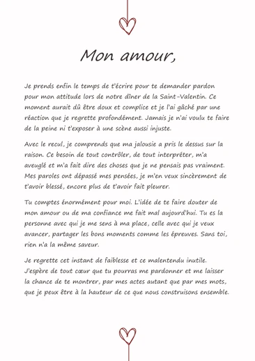 Une lettre pour s'excuser apr&egrave;s une sc&egrave;ne de jalousie
