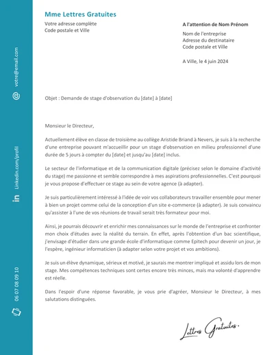 Une lettre de motivation d'une demande de stage d'observation