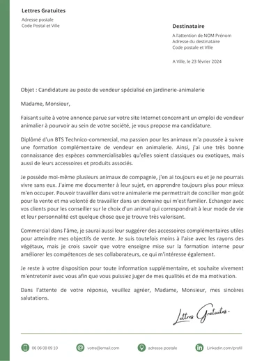 Une lettre de motivation d'un vendeur-conseil en jardinerie-animalerie