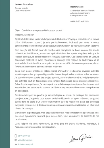 Une lettre de motivation d'un éducateur sportif