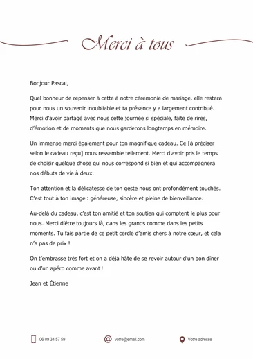 Une carte de remerciement pour un cadeau de mariage