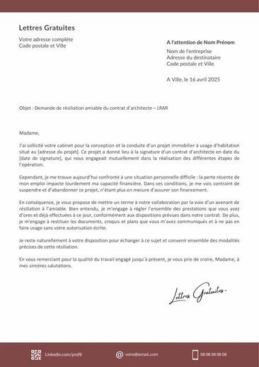 Une lettre de résiliation d'un contrat avec un architecte