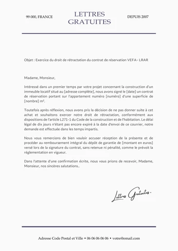 Une lettre d'annulation ou de rétractation d'une VEFA