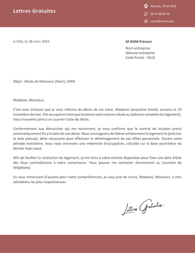 Une lettre de résiliation du bail suite au décès du locatai